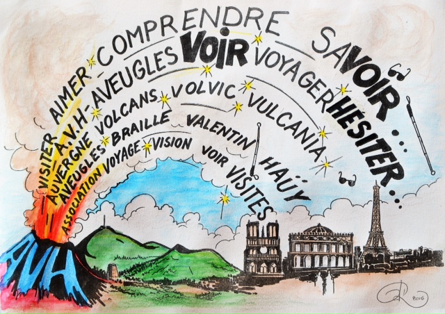 Extrait de la couverture du carnet, un dessin représente un volcan, d'où surgissent des mots (voir, savoir...) qui s'envolent vers Paris.